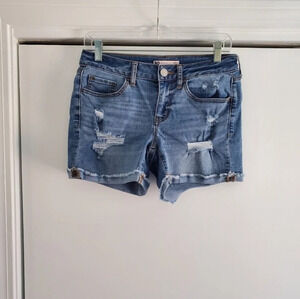 SO Midi Ripped Jean Shorts Size 5 / 27W Distressed Denim Cutoffs